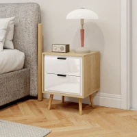 HOMCOM Conjunto de 2 Mesas de Cabeceira Modernas com 2 Gavetas de Deslizamento Silencioso Pés de Madeira 40x35x50 cm Branco Brilhante e Carvalho(m-5)
