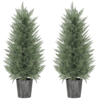 HOMCOM 90cm Artificial Cypress Trees Set of 2, UV Resistant Artificial Plants with Decorative Pot, Fake Plants for Indoor Outdoor Decor, Green