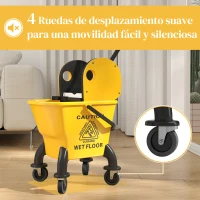HOMCOM Cubo de Fregona con Ruedas y Escurridor Desmontable de Prensa Capacidad 26L Incluye Fregona y Asa Amarillo(m-6)