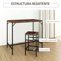 HOMCOM Mesa Alta de Cocina con 4 Taburetes Industrial Reposapiés Ahorro de Espacio para Espacios Reducidos Marrón Rústico(m-5)