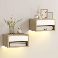 HOMCOM Set di 2 Comodini Sospesi con Luci LED RGB Controllo APP Cassetto Ripiano Aperto Naturale e Bianco(m-1)