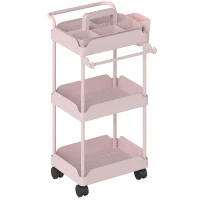 HOMCOM Chariot d'appoint à roulettes 3 niveaux chariot de cuisine avec paniers amovibles et porte-serviettes rose(m-7)