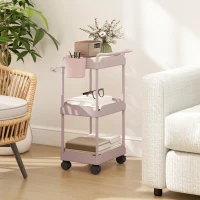 HOMCOM Carrello Ausiliario con Ruote a 3 Livelli Carrello da Cucina con Ceste Estraibili e Porta Asciugamani Rosa(m-4)