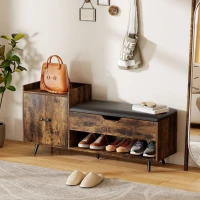 HOMCOM Banc à chaussures industriel avec assise rembourrée compartiment caché étagères portes 127x35x59 cm Marron rustique(m-5)