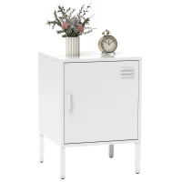 HOMCOM Mesita de noche de acero, mesa auxiliar multiusos, estante ajustable, para dormitorio, salón, Blanco(m-1)