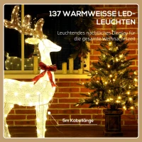 Outsunny Rendier met rode strik, 137 LEDs, kerstverlichting, weerbestendig, 66 x 25 x 135 cm, zilver(m-5)