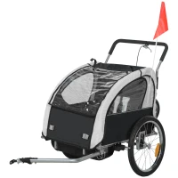 HOMCOM Remorque vélo enfant 2 en 1 avec ceinture de sécurité 5 points, réflecteurs, drapeau et rideau coupe-vent, noir(m-11)