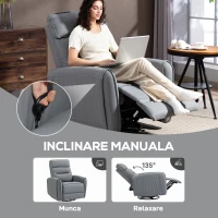 HOMCOM Fotoliu Reclinabil Manual cu Suport pentru Picioare din Material Textil Efect Piele și Bază Rotativă, Gri(m-4)
