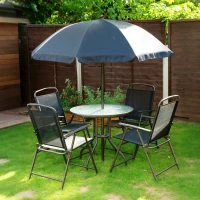 Outsunny 6 Piece Garden Dining Set with Umbrella, Patio Sets with Parasol with 4 Folding Dining Chairs & Round Tempered Glass Table, Black(m-9)