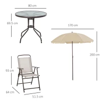 Outsunny Garden Patio Texteline Folding Chairs Plus Table and Parasol Furniture Bistro Set 6 Pieces - Coffee/Cream(m-3)