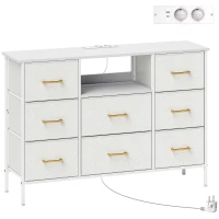 HOMCOM Commode 8 tiroirs en tissu bouclette, meuble de rangement avec 2 prises de courant, structure en acier 110x30x76cm crème(m-12)