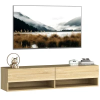 HOMCOM Meuble TV Suspendu 2 Portes Abattantes 2 Étagères Ouvertes pour Télévision 152,4 cm 140x32x31 cm Bois naturel(m-3)