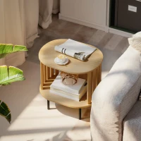 HOMCOM Mesa auxiliar ovalada mesa de extremo almacenamiento abierto patas de acero diseño de lamas 50x39x50cm efecto madera natural(m-2)