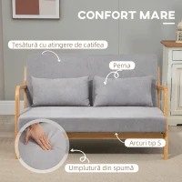 HOMCOM Canapea cu 2 locuri moderna din Lemn cu perne, tasatura cu efect de catifea, 122x80x72 cm, Gri(m-4)