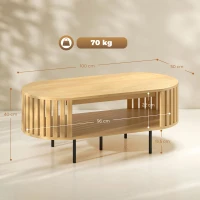 HOMCOM Tavolino ovale con vano contenitore, angoli arrotondati, design a listelli, 100 x 50 x 40 cm, Legno naturale(m-3)