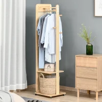 HOMCOM Miroir sur Pied avec roulettes - Portant, 4 patères étagère MDF Aspect Bois Clair(m-7)