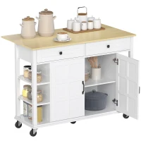 HOMCOM Îlot de Cuisine sur Roulettes Plan de Travail Pliable 2 Portes à Fermeture Douce 2 Tiroirs 6 Étagères Ouvertes Blanc(m-6)