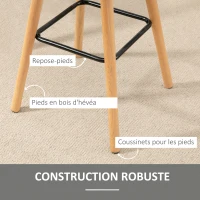 HOMCOM Lot de 2 tabourets de bar, chaises de bar capitonnées avec dossier et repose-pieds, pieds en bois, 41,5x47x97,5cm, gris(m-6)