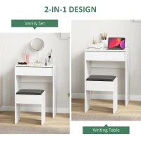 HOMCOM Dressing Table with Mirror and Stool, Vanity Makeup Table with Flip Up Mirror, Vanity Desk with Storage Unit and Padded Seat, White(m-4)