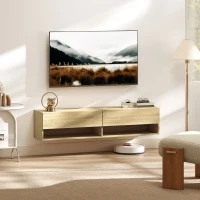 HOMCOM Meuble TV Suspendu 2 Portes Abattantes 2 Étagères Ouvertes pour Télévision 152,4 cm 140x32x31 cm Bois naturel(m-1)