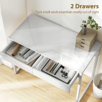 HOMCOM Birou Modern cu 2 Sertare și Picioare din Oțel, 100x50x75 cm, Alb Lucios(m-4)