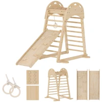 AIYAPLAY Triangle d'Escalade Montessori 6 en 1 avec Plateforme et Anneaux Structure d'Escalade en Bois avec Toboggan Naturel(m-4)