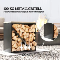 Outsunny 2-in-1 Kaminholzregal für innen 58 x 36 x 60cm erhöhtes Brennholzregal mit Trenner Metall Schwarz(m-5)