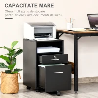 Vinsetto Comodă de Birou cu 2 Sertare și Raft Deschis, Mobilier cu 5 Rotile, Încuietoare și 2 Chei, 39x40x65 cm, Negru(m-7)