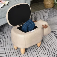 HOMCOM Tabouret Vache - Pouf Vachette - Pouf Taureau Coffre de Rangement 2 en 1 - Pieds Bois d'hévéa revêtement synthétique Aspect Crème(m-8)
