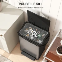 HOMCOM Poubelle cuisine 50L, poubelle à pédale, seau intérieur amovible, couvercle à fermeture douce, 41,7x36,6x62cm, argent(m-4)