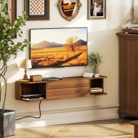 HOMCOM TV-Unterschrank bis 50\" wandhängend mit Steckdosen, USB und Typ-C, Schublade und Ablagen, 120x24x22.4 cm, Nussbaum(m-4)