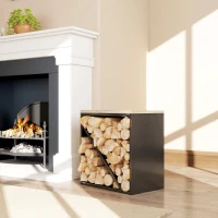 Outsunny 2-in-1 Kaminholzregal für innen 58 x 36 x 60cm erhöhtes Brennholzregal mit Trenner Metall Schwarz(m-7)