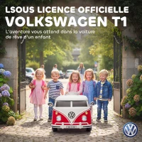 AIYAPLAY Voiture électrique enfant Volkswagen T1 sous licence officielle 12 V avec 2 moteurs démarrage doux 89x49x41,5cm rouge(m-4)
