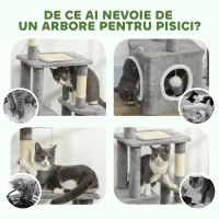 PawHut Arbore Zgâriător pentru Pisici cu Căsuță, Pat și 2 Mingi, Turn pentru Pisici din PFL, Pluș, Bumbac PP și Sisal, 55x40x107 cm, Gri și Alb(m-7)