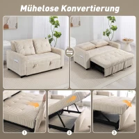 HOMCOM 2-Sitzer Sofabett, Cordbezug, zum Schlafsofa umwandelbar, 2 Kissen, Seitentaschen, 157 x 190 cm, Cremeweiß(m-4)