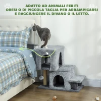 PawHut Scaletta per Gatti a 4 Gradini Regolabile in Altezza con 2 Casette, Palo Tiragraffi e Pallina, Grigio(m-7)