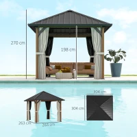 Outsunny 3 x 3(m) Hardtop Gazebo with Galvanised Steel Roof and Water Gutter, Waterproof Permanent Pavilion Garden Gazebo with Netting and Curtains for Patio, Deck, Walnut Wood Finish(m-3)