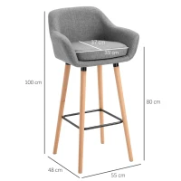 HOMCOM Set of 2  Bar Stools Modern Upholstered Seat Bar Chairs w/ Metal Frame, Solid Wood Legs Living Room Dining Room Fabric Furniture - Grey(m-3)