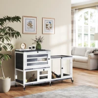 PawHut Kaninchenstall aus Massivholz 2 Etagen mit Rollen, 3 Tabletts, für 2-3 Kaninchen, 147 x 45 x 89,5cm, Grau(m-4)