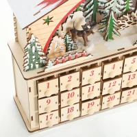 HOMCOM Calendrier de l'Avent lumineux, calendrier de l'Avent à remplir, 24 tiroirs, scène de village, 36x10x34cm, bois naturel(m-9)