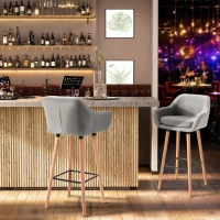 HOMCOM Set of 2  Bar Stools Modern Upholstered Seat Bar Chairs w/ Metal Frame, Solid Wood Legs Living Room Dining Room Fabric Furniture - Grey(m-8)