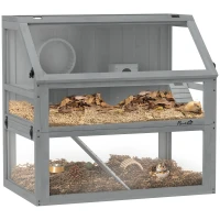 PawHut Cage pour hamster en bois, 3 étages avec sous-sol profond, plateaux amovibles, pour petits animaux, 80x50x76cm, Gris clair(m-6)