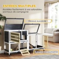 PawHut Clapier pour lapin en bois 2 étages avec roulettes, 3 plateaux, pour 2-3 lapins, 147 x 45 x 89,5 cm, gris(m-7)