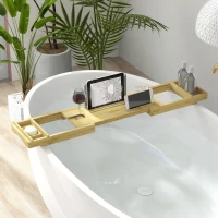 HOMCOM Pont étagère plateau de baignoire extensible en bambou avec porte-gobelet et porte-savon, 75-109 x 23 x 4.5cm(m-10)