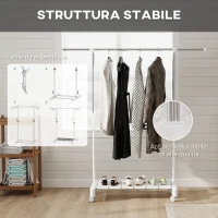 HOMCOM Stendibiancheria Estensibile con Ruote e Freno, Ripiano Porta Scarpe e Struttura in Acciaio Inox, Bianco(m-6)
