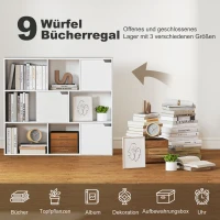 HOMCOM Bücherregal, 9 Würfelfächer, 3 Türen, 6 offene Regale, für Wohnzimmer, Schlafzimmer, Spanplatte, Weiß(m-4)