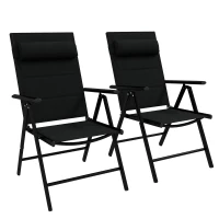 Outsunny Lot de 2 chaises pliantes de jardin avec appui-tête, accoudoirs et structure en aluminium dim. 54 x 67 x 108 cm Noir(m-12)