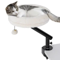 PawHut Katzen-Schreibtischbett, Katzenbett für Schreibtisch mit 360°Drehung, verstellbarer Höhe, Katzenliege mit abnehmbarem, maschinenwaschbarem Bett, für Katzen unter 6 kg, Heimbüro, Cremeweiß(m-11)