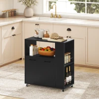 HOMCOM Küchenwagen aus Holz mit offenem Ablagefach, Schrank und Seitengestell, 75x40x80.5 cm, Schwarz(m-4)