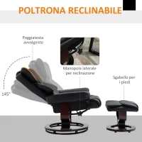 HOMCOM Poltrona Relax e Pouf Poggiapiedi, Reclinabile a 145° con Seduta Girevole in Finta Pelle, Nero(m-4)
